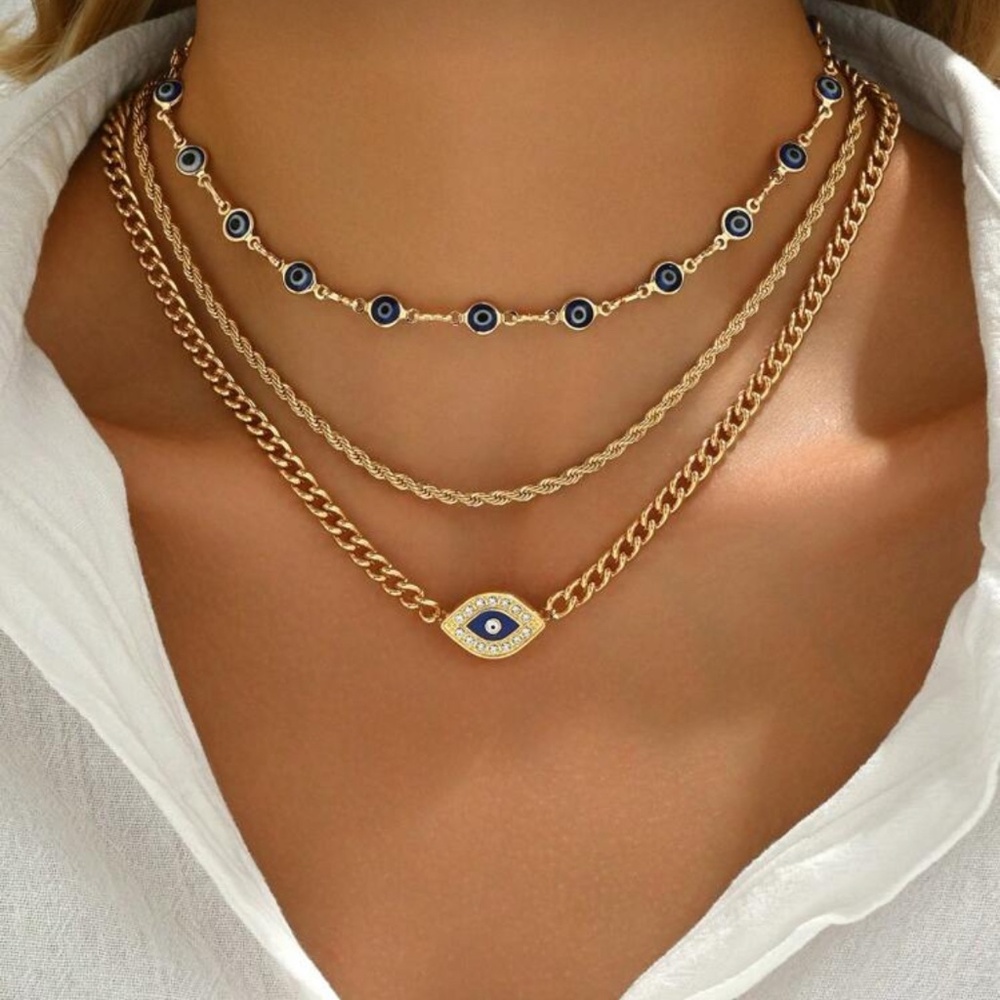 Gold Tone Evil Eye Layered Necklace Set 3PC Cuban Chain Stack